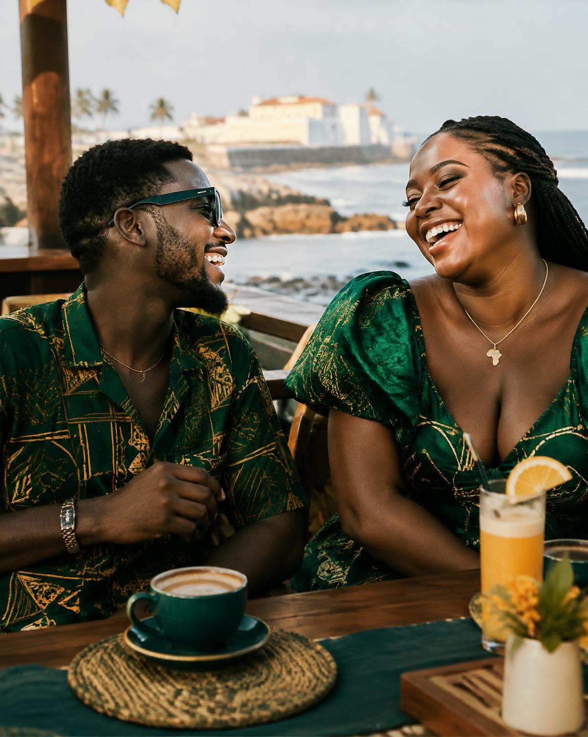 Kwame and Ama laughing at a seaside café in Cape Coast